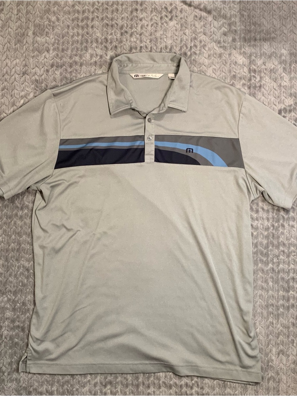 Travis Mathew Light Gray Performance Polo with Blue Stripe